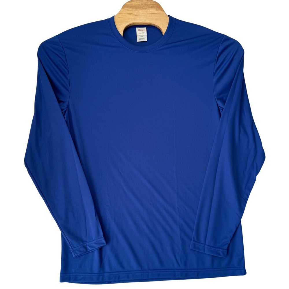 Hanes Mens L Performance T Shirt Blue Cool DRI Long Sleeve Moisture Wicking Gym